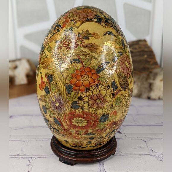 Vtg Asian Hand Painted 9" Tall Satsuma Style Egg with Stand - Picture 3 of 11